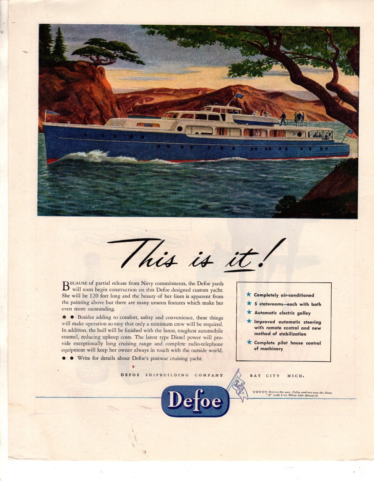 1945 DeFoe 120\' Yacht Original ad from Fortune