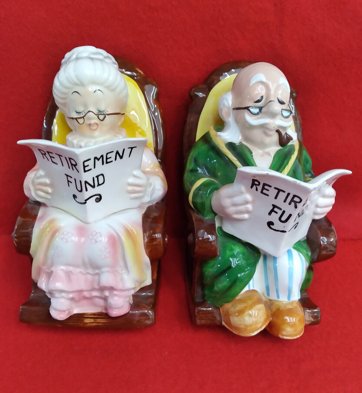 Vintage Lefton Grandpa & Grandma Retirement Fund Rocking Chair Piggy Banks 7\