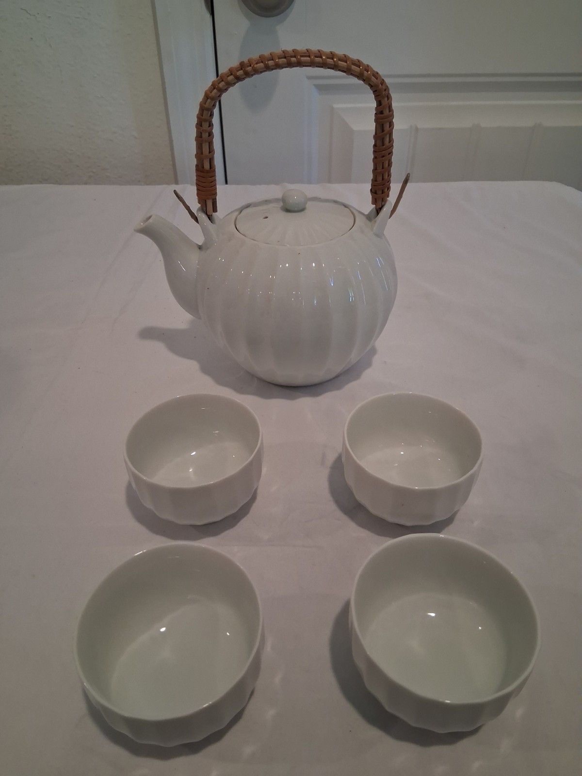 Vintage 1970s Otagiri Japan White Ribbed Tea Set Teapot 4 Cups Tatsuri Seal MCM