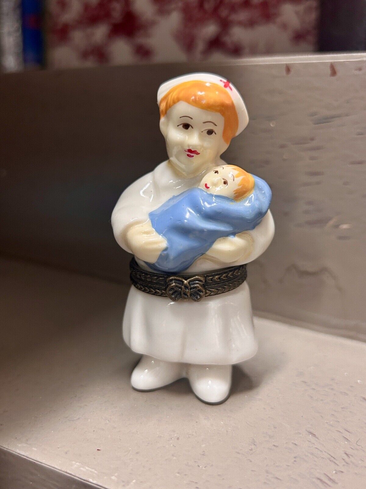 Vintage Porcelain Limoges Trinket Box Rare Nurse Holding Baby