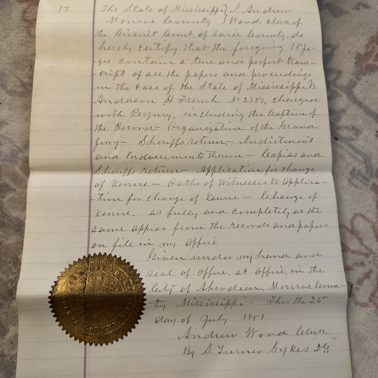1881 Mississippi Handwritten Criminal Court Case – Grand Jury 17 Pages