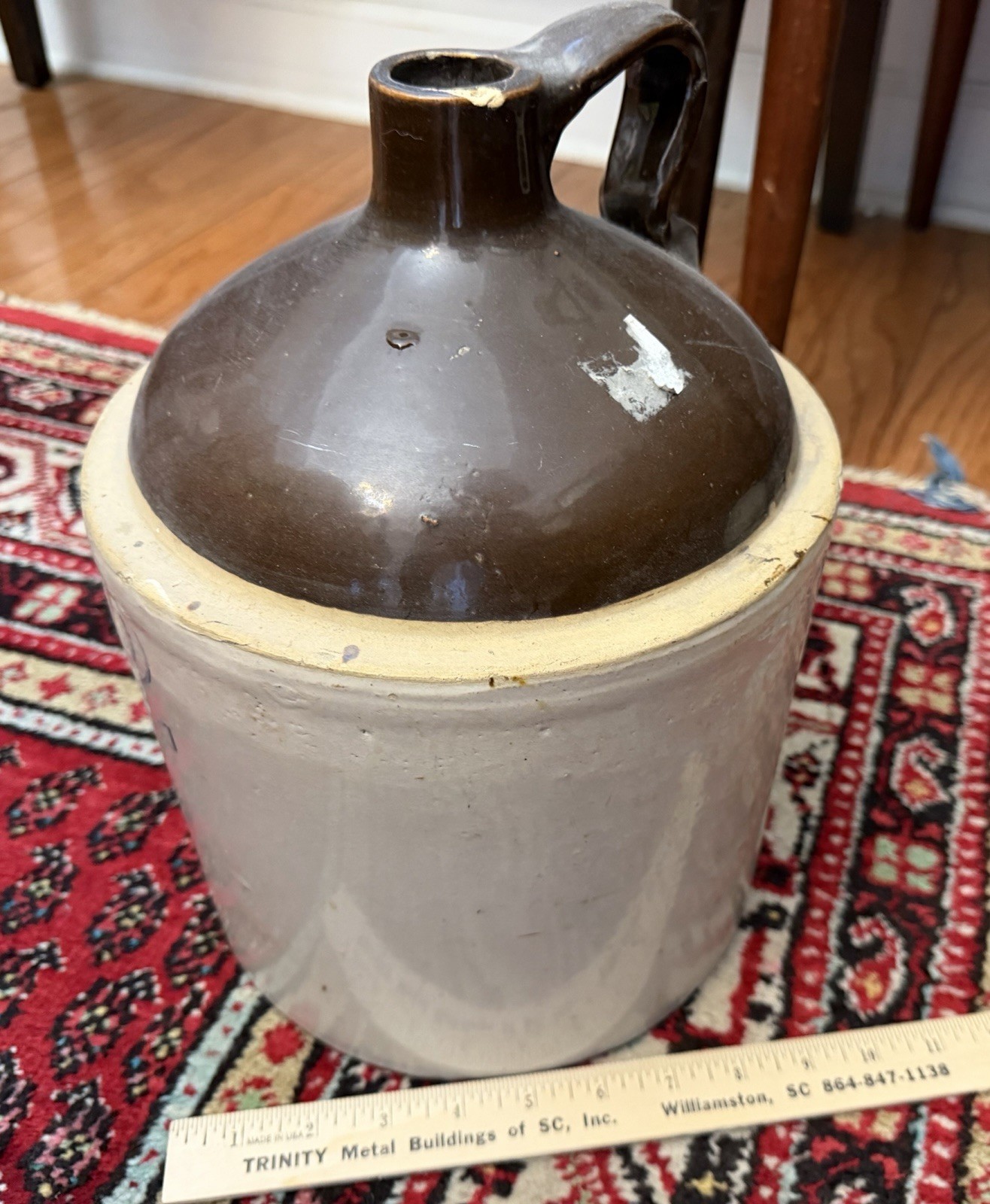 Antique 2 Gallon Stoneware Jug Two Tone Whiskey Crock Primitive Moonshine Blue