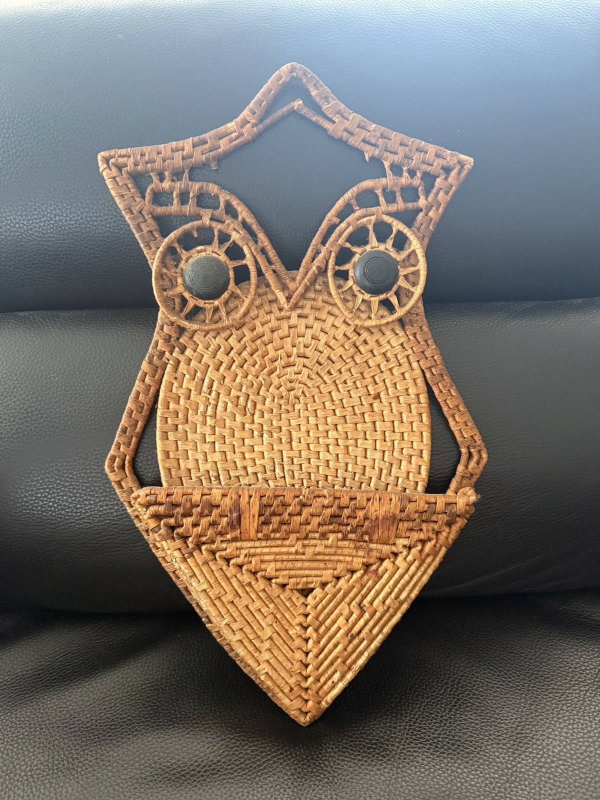 Vintage 70s Wicker Owl Decor Wall Hanger with Pocket Pouch 17” Boho
