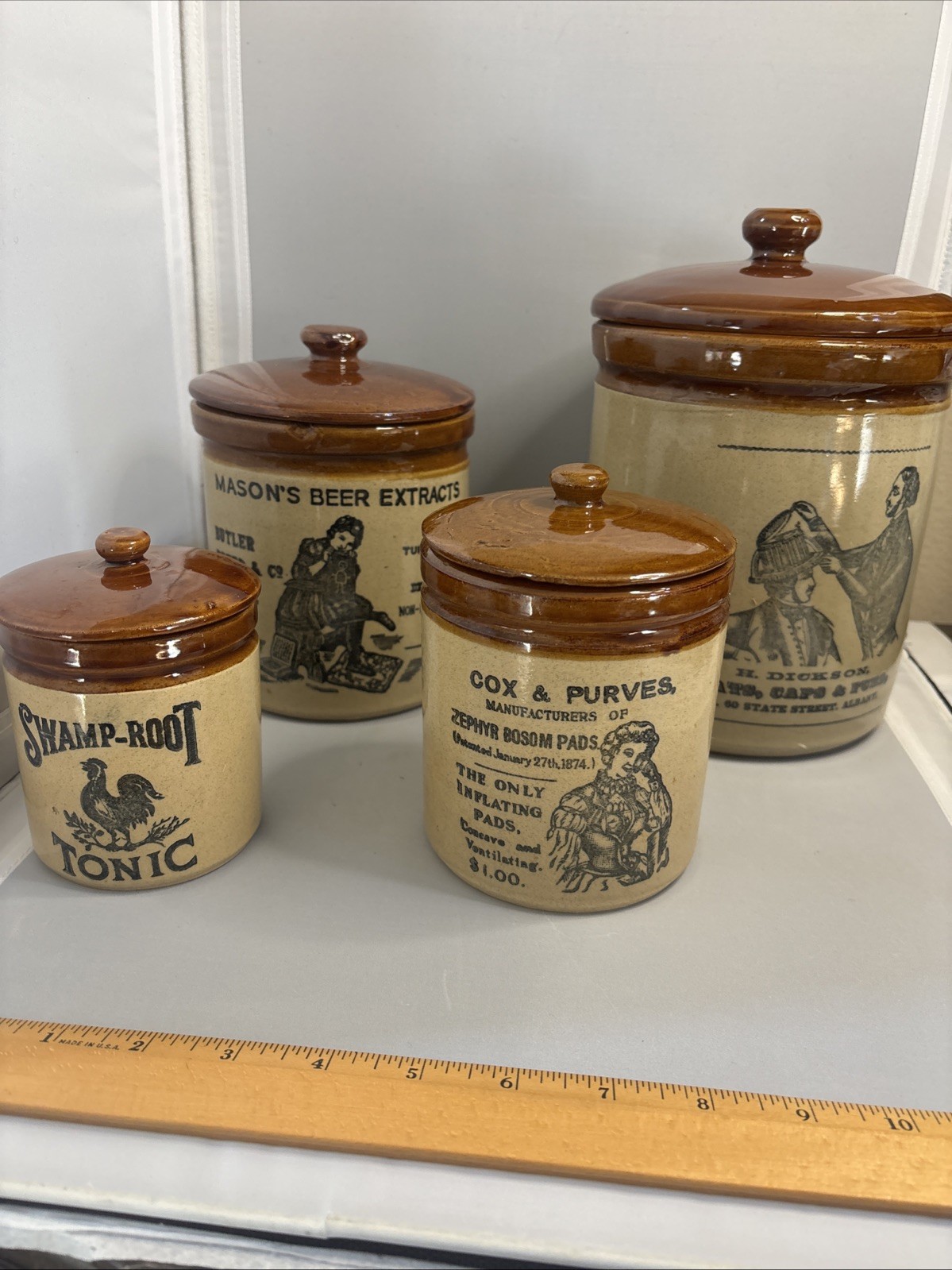 4 Vintage Stoneware Canisters Very Old /heavy Farmhouse Decor Cottage