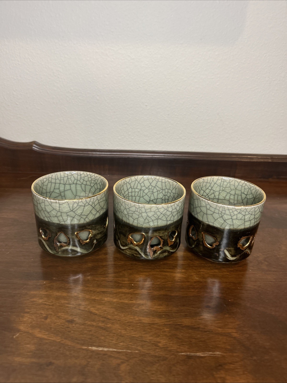 Vintage Somayaki Japan Sake/Tea Cups, Double Wall, Set Of 3