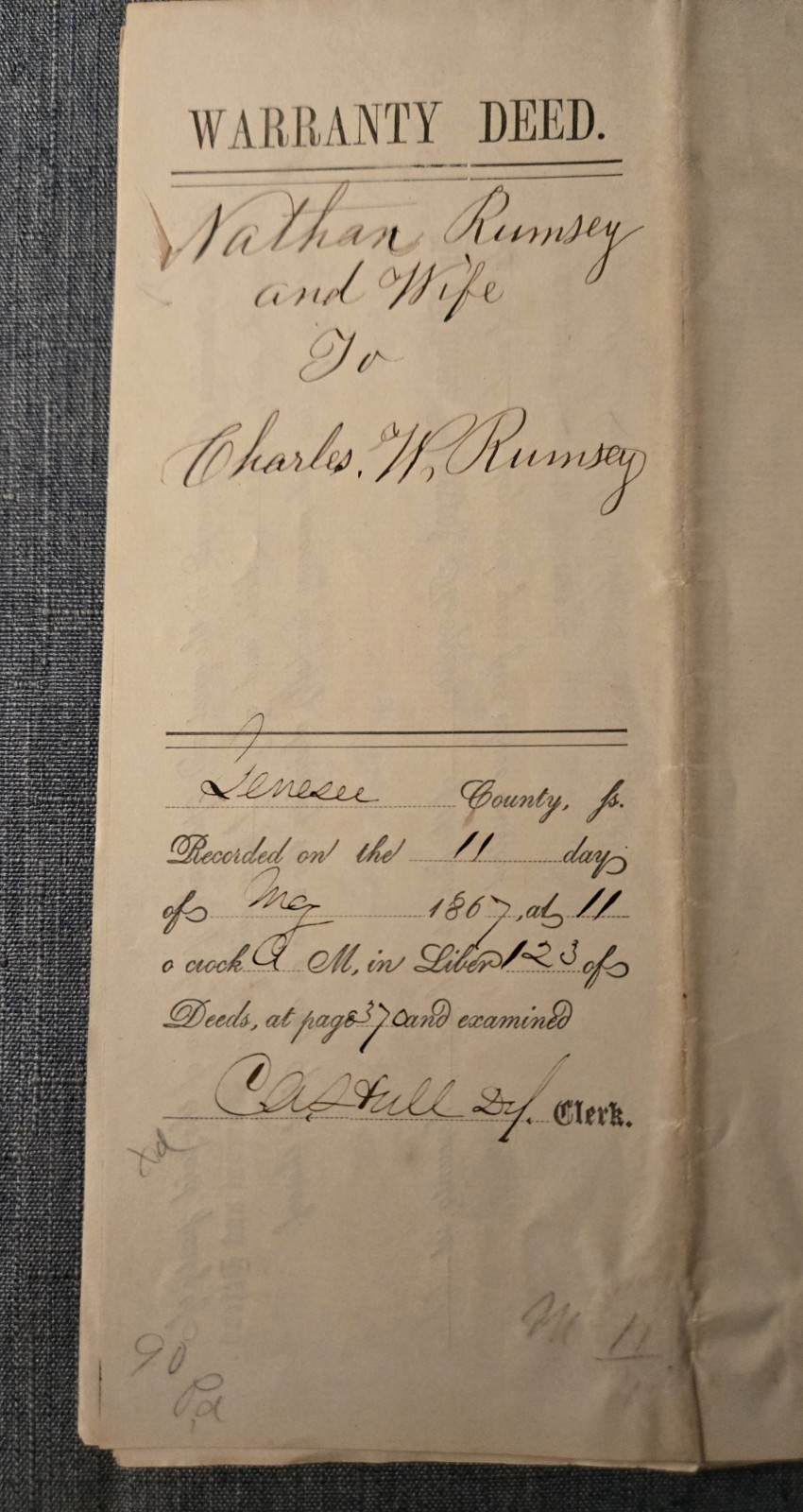 1867 NY Deed Holland Land Co Genesee County Bethany Nathan Rumsey Revenue Stamps