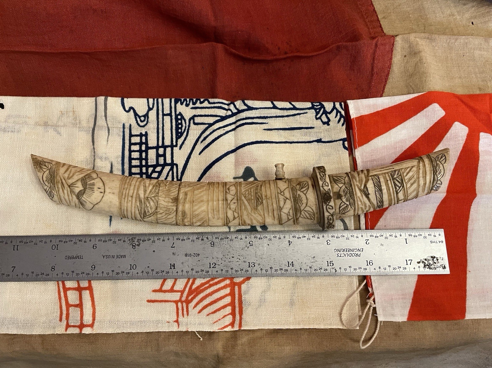 ANTIQUE JAPANESE CARVED SCRIMSHAW ENGRAVED FIXED BLADE SWORD KNIFE DAGGER TANTO
