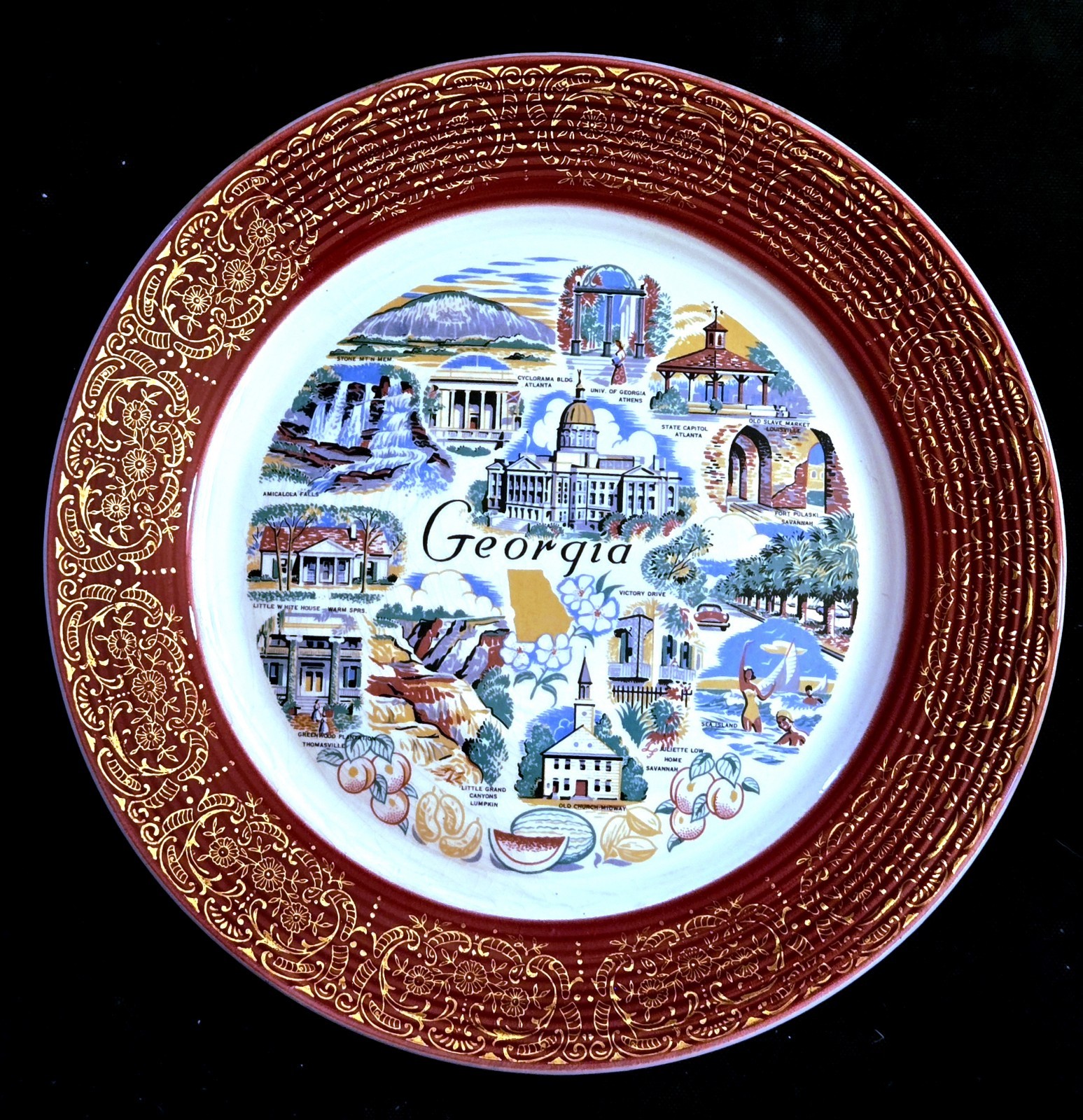 Vintage Georgia State Souvenir Collector Plate Maroon 22k Gold Lace Rim 9.25