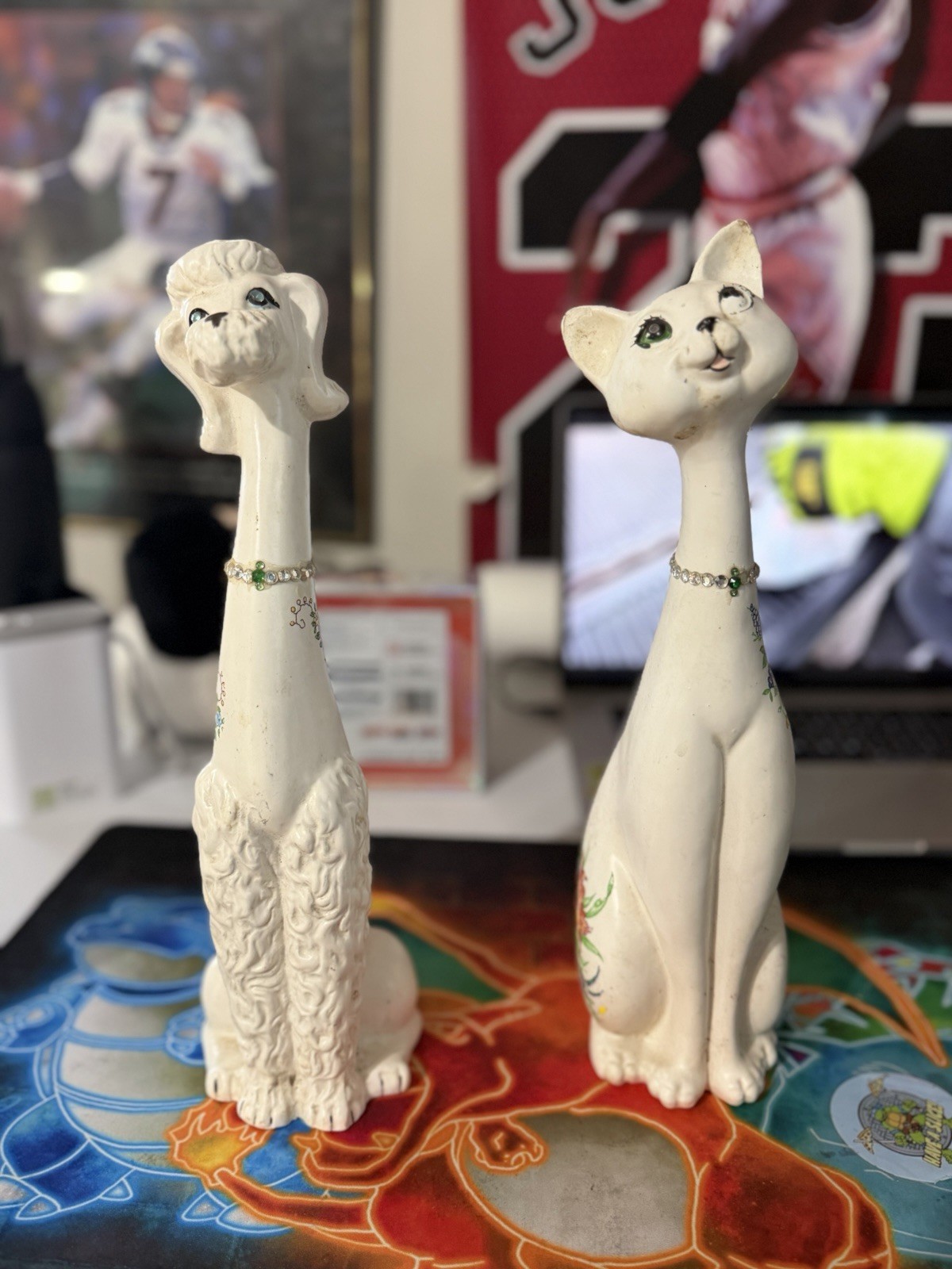 Vintage Japanese Ceramic Cat And Poodle Figurines Pair Long Neck