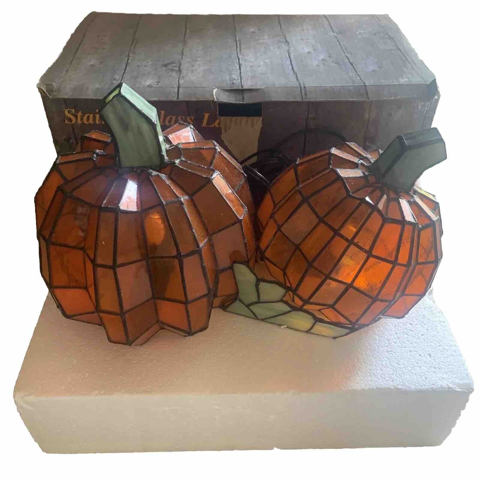RARE Cracker Barrel Dbl PUMPKIN STAINED GLASS TIFFANY STYLE ACCENT LAMP With Box