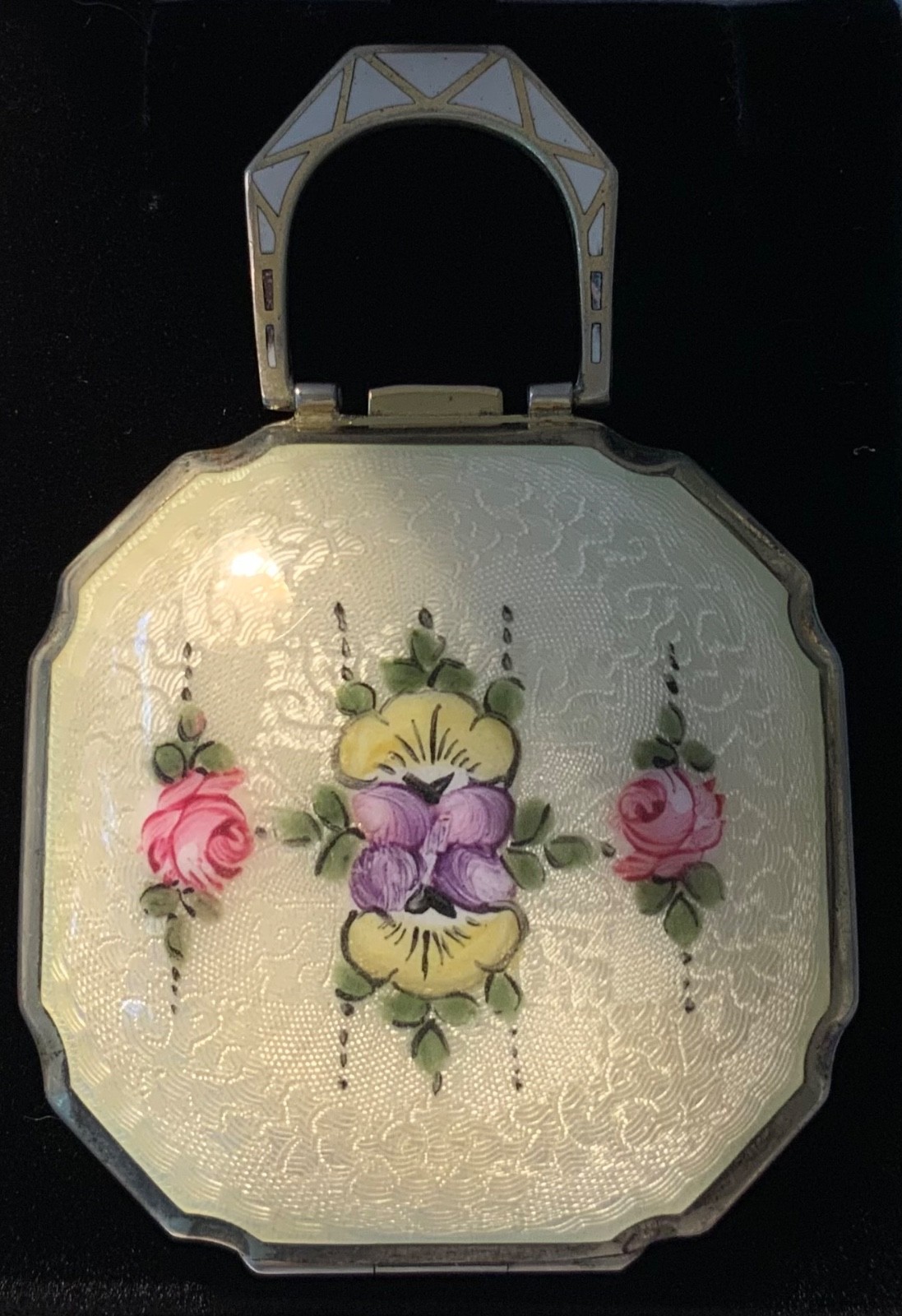 STUNNING Antique FLORAL HP ENAMEL GUILLOCHE Compact GUILLOCHE in MINT Condition