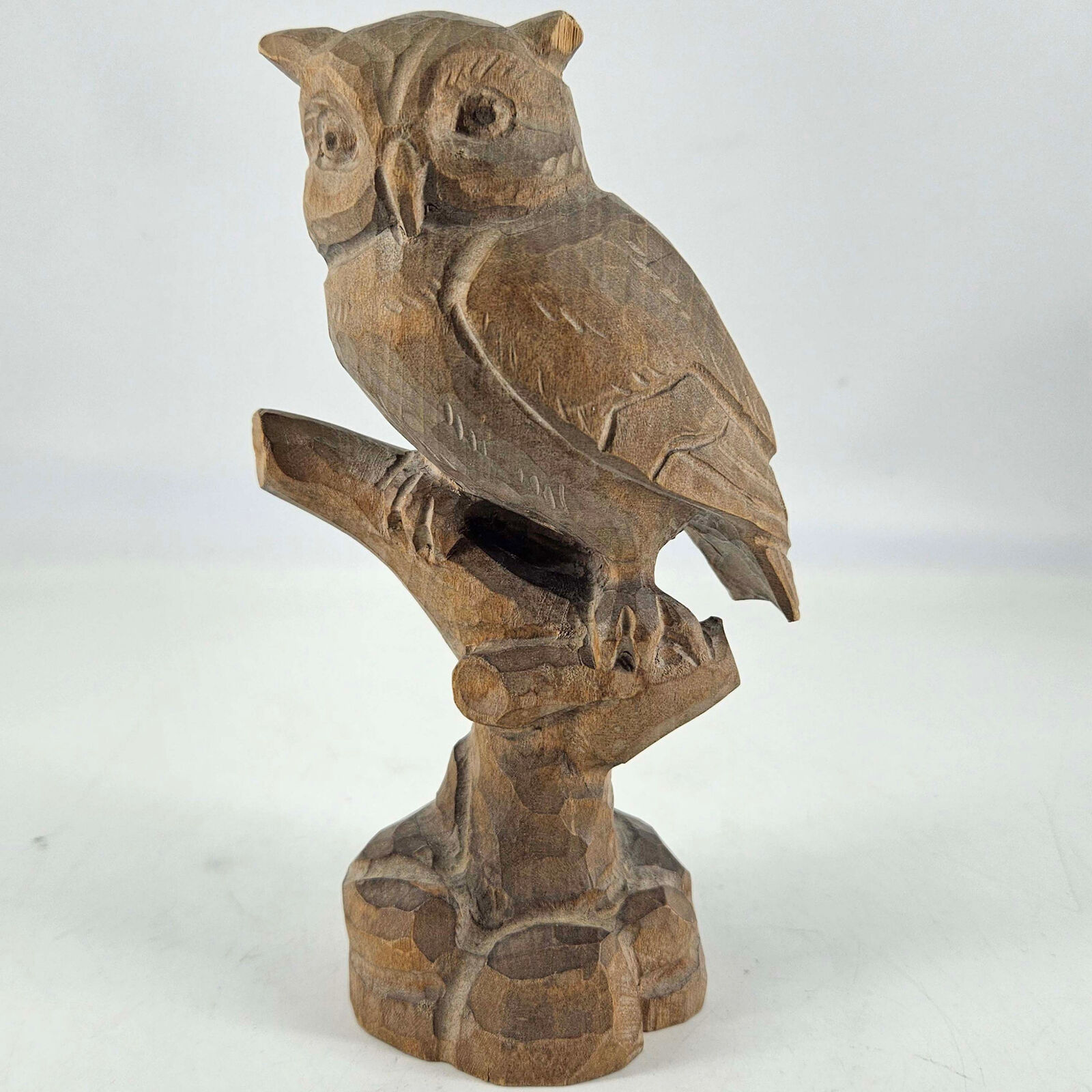 Vintage Hand carved wood wooden realistic  owl on tree branch 6\