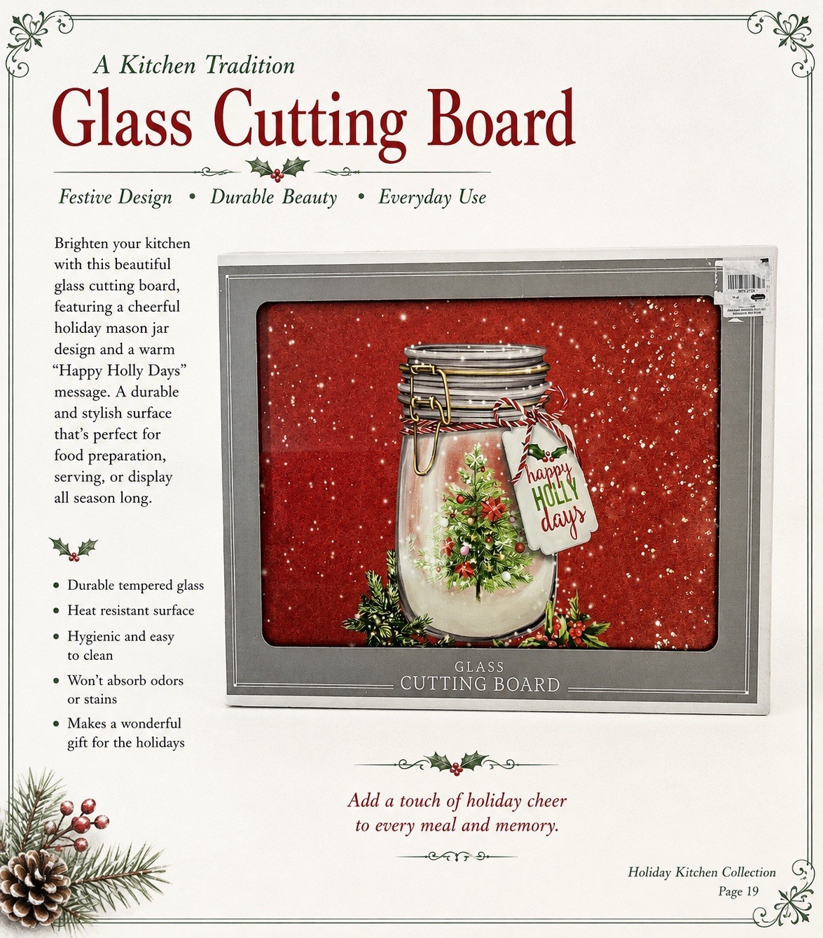 Nantucket \'HAPPY HOLLY DAYS\' Tempered Glass Cutting Board 16\