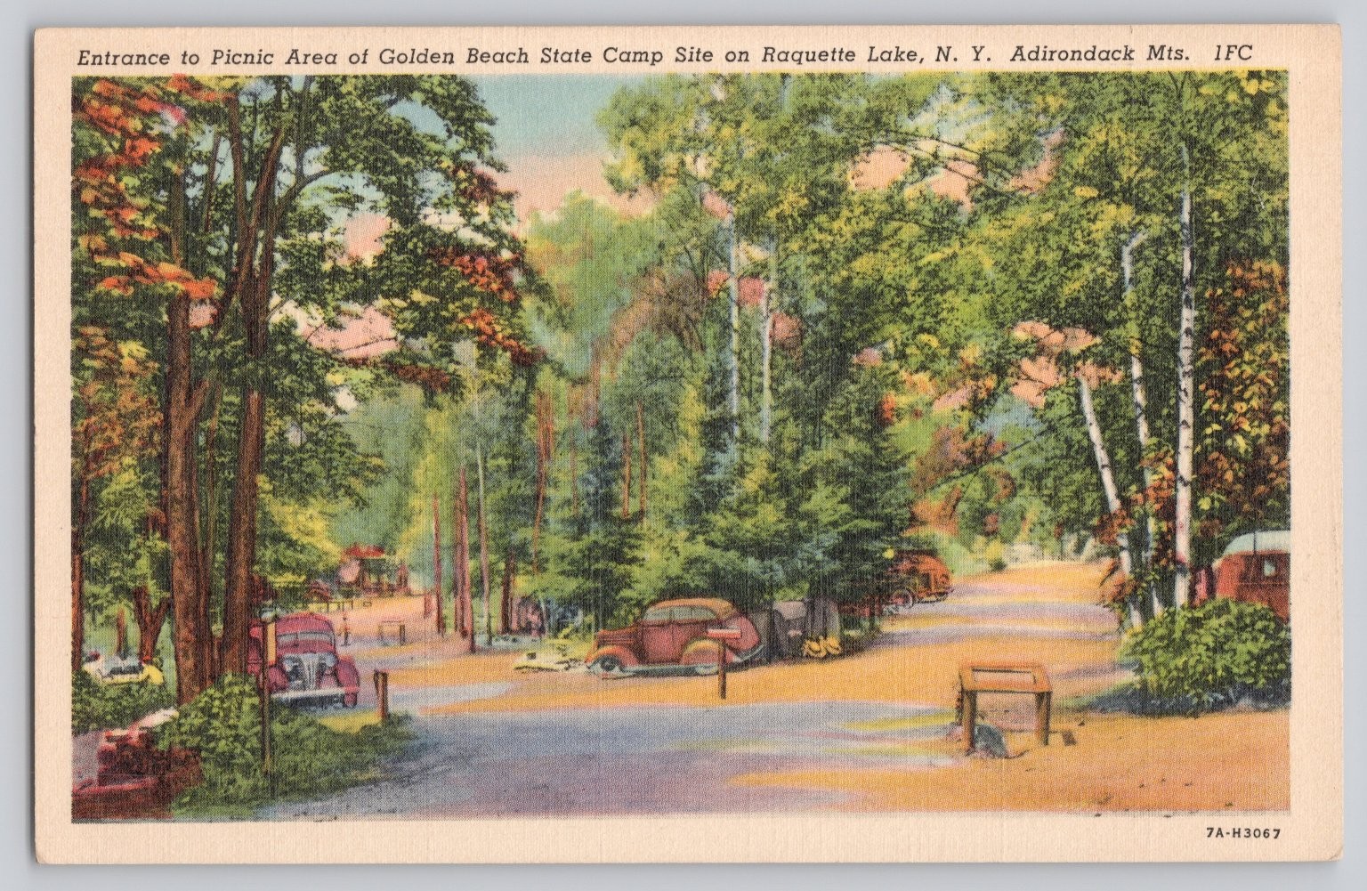 Vintage Raquette Lake, NY Golden Beach State Camp Picnic Area Postcard 1937