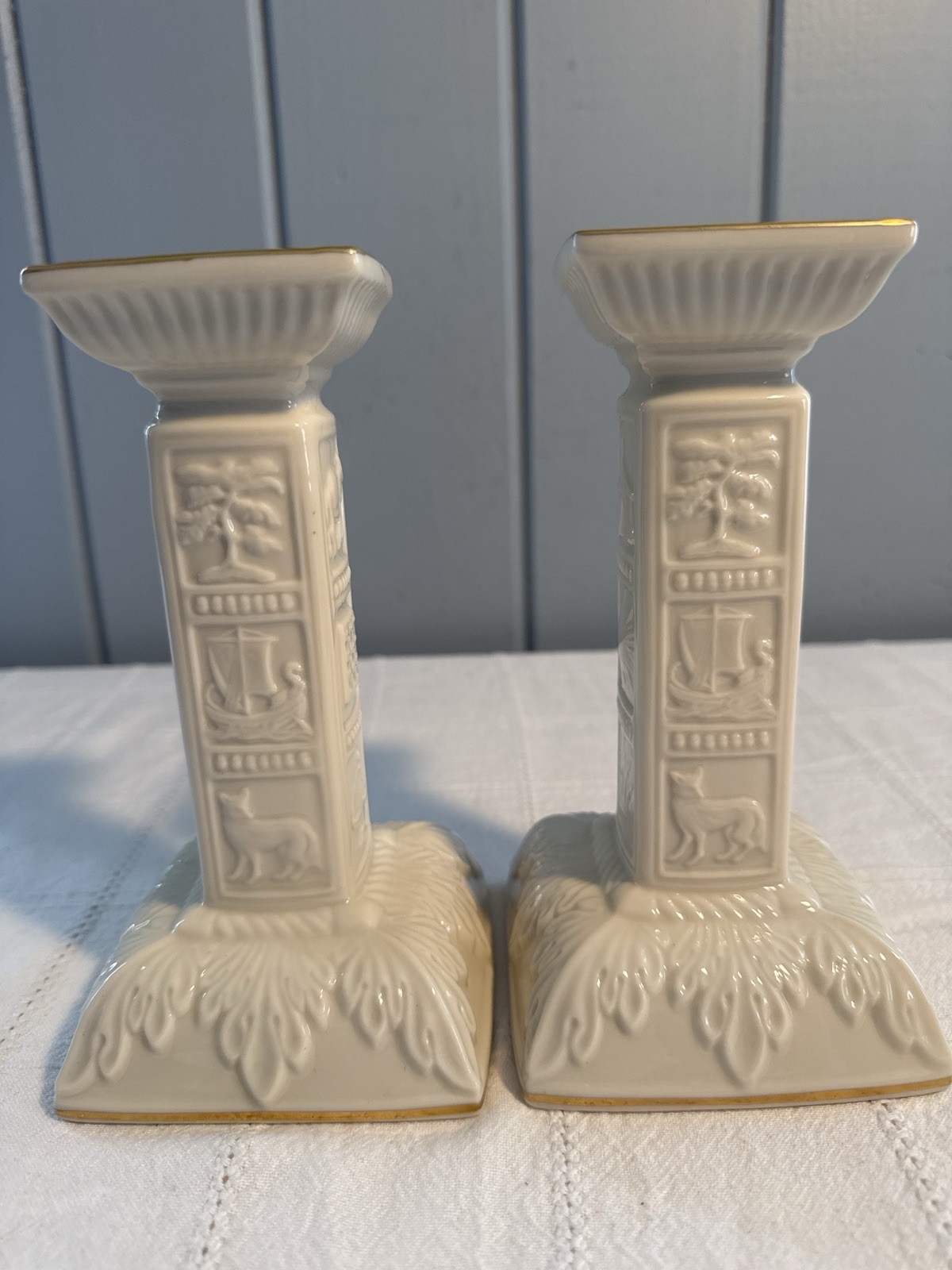 Vintage Lenox Ivory Porcelain Candle Holders-(2)-Williamsburg Motif-Gold Trim ￼