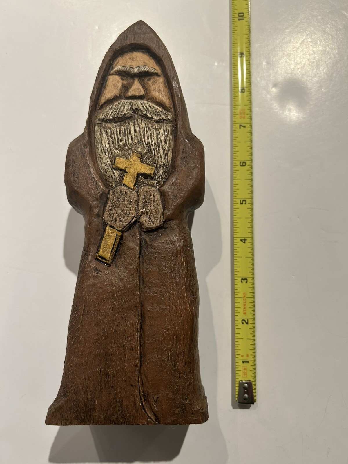 Vintage Hand Carved Wooden Friar Monk w Cross 9” by Robert Shade Maryland carver