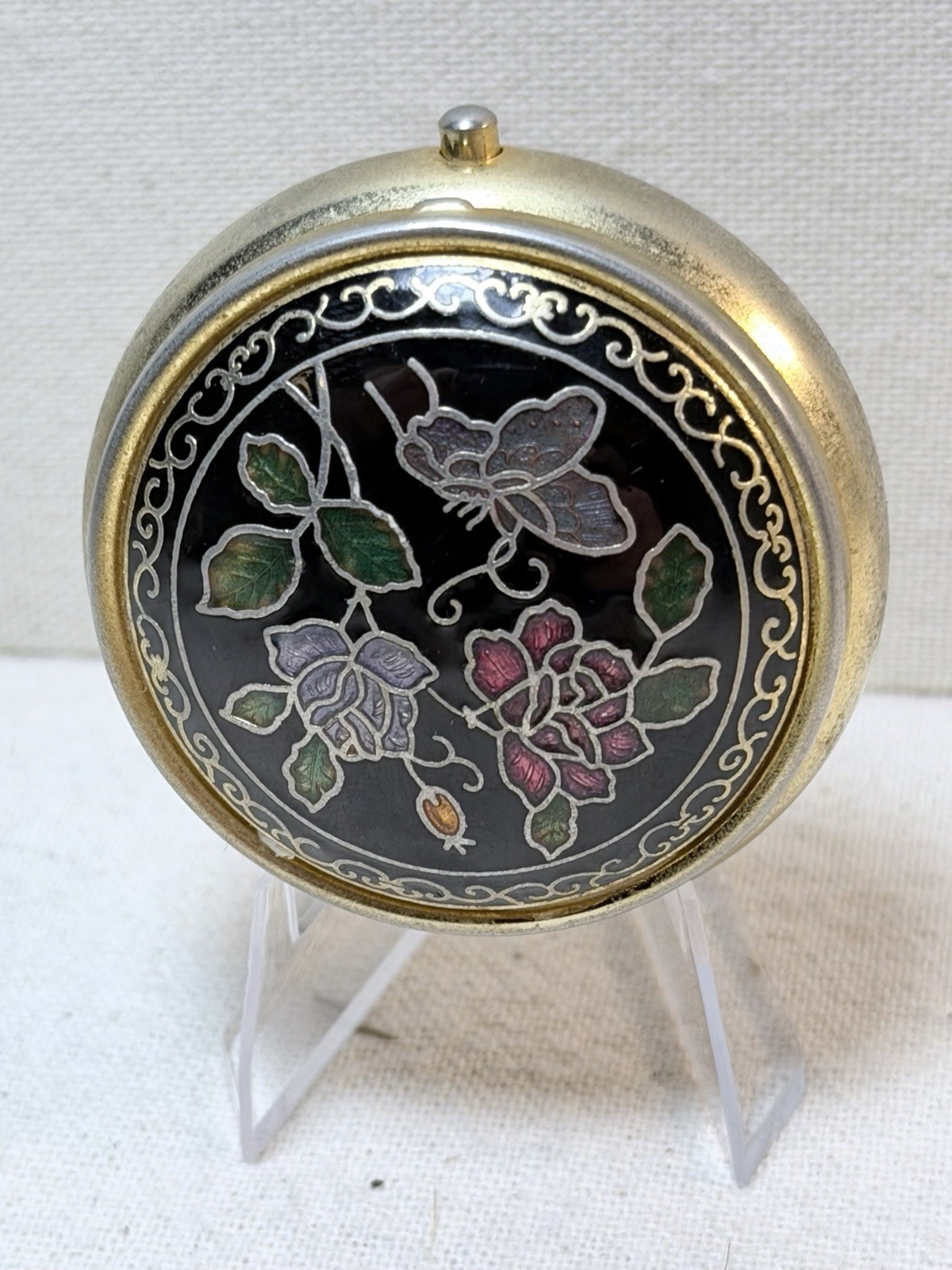 Vintage Enamel Pill Trinket Box Floral Rose Butterfly Black Gold Tone Round