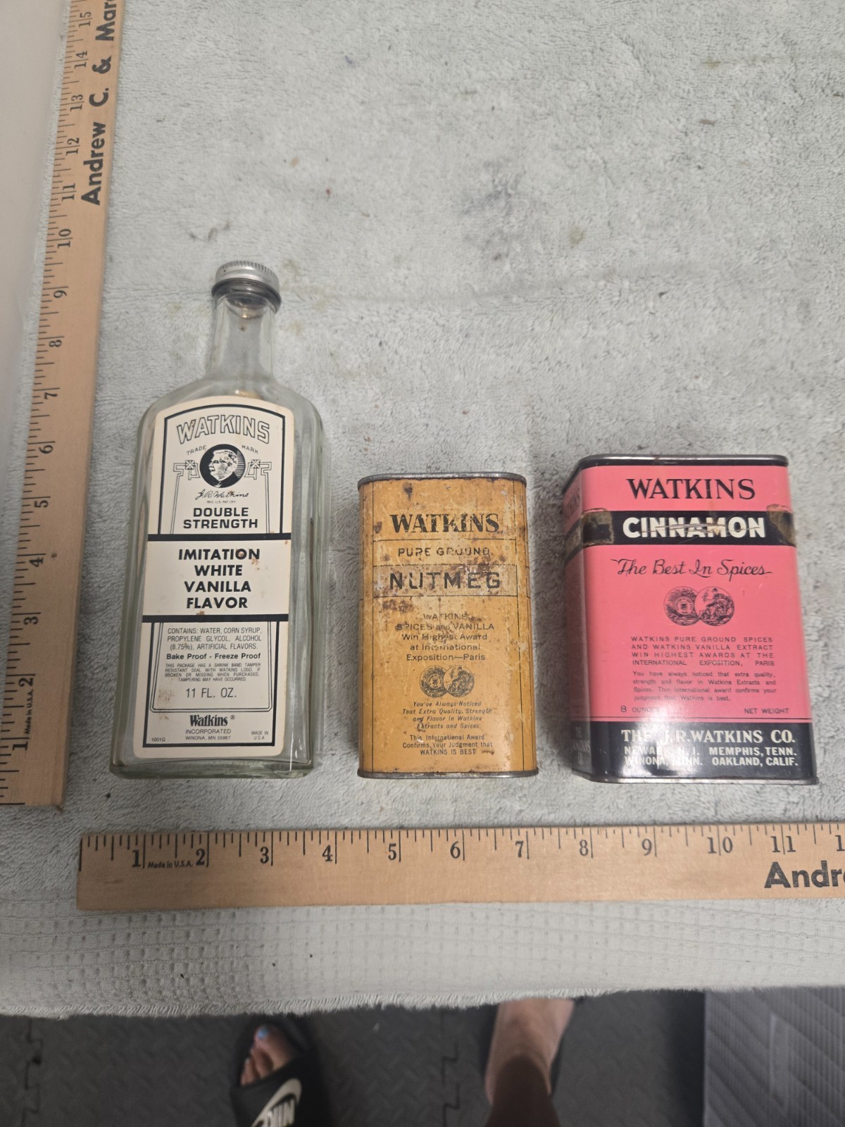 lot of 3, vintage Watkins vanilla bottle, nutmeg & cinnamon tins, all empty lot of 3, vintage Watkins vanilla bottle, nutmeg & cinnamon tins, all empty