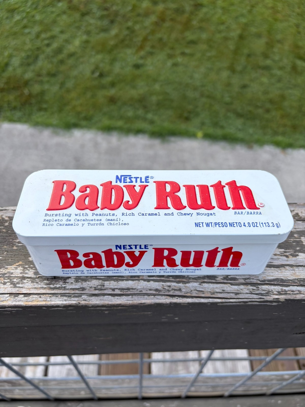 GUC Empty Nestlé Baby Ruth Candy Tin Can Box Container, White & Red, Vintage GUC Empty Nestlé Baby Ruth Candy Tin Can Box Container, White & Red, Vintage