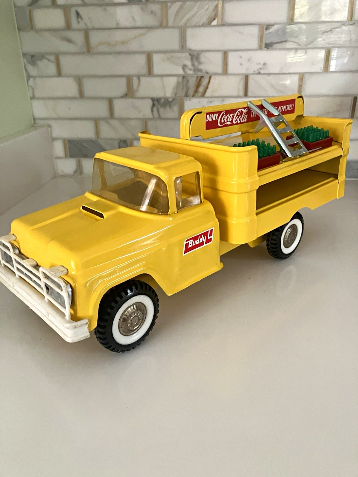 Coca-Cola Yellow Buddy L Delivery Truck W/ Hand truck & Soda Cases