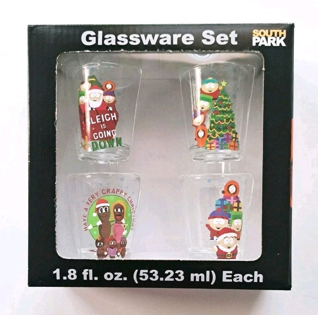 SOUTH PARK Christmas Shot Glass Set (4) 1.8 fl oz Cartman, Kyle, Stan, Kenny NIB SOUTH PARK Christmas Shot Glass Set (4) 1.8 fl oz Cartman, Kyle, Stan, Kenny NIB