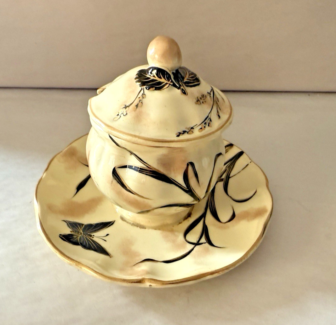 Antique Hand Painted Porcelain Mustard Jam Pot with Butterfly and Floral Design