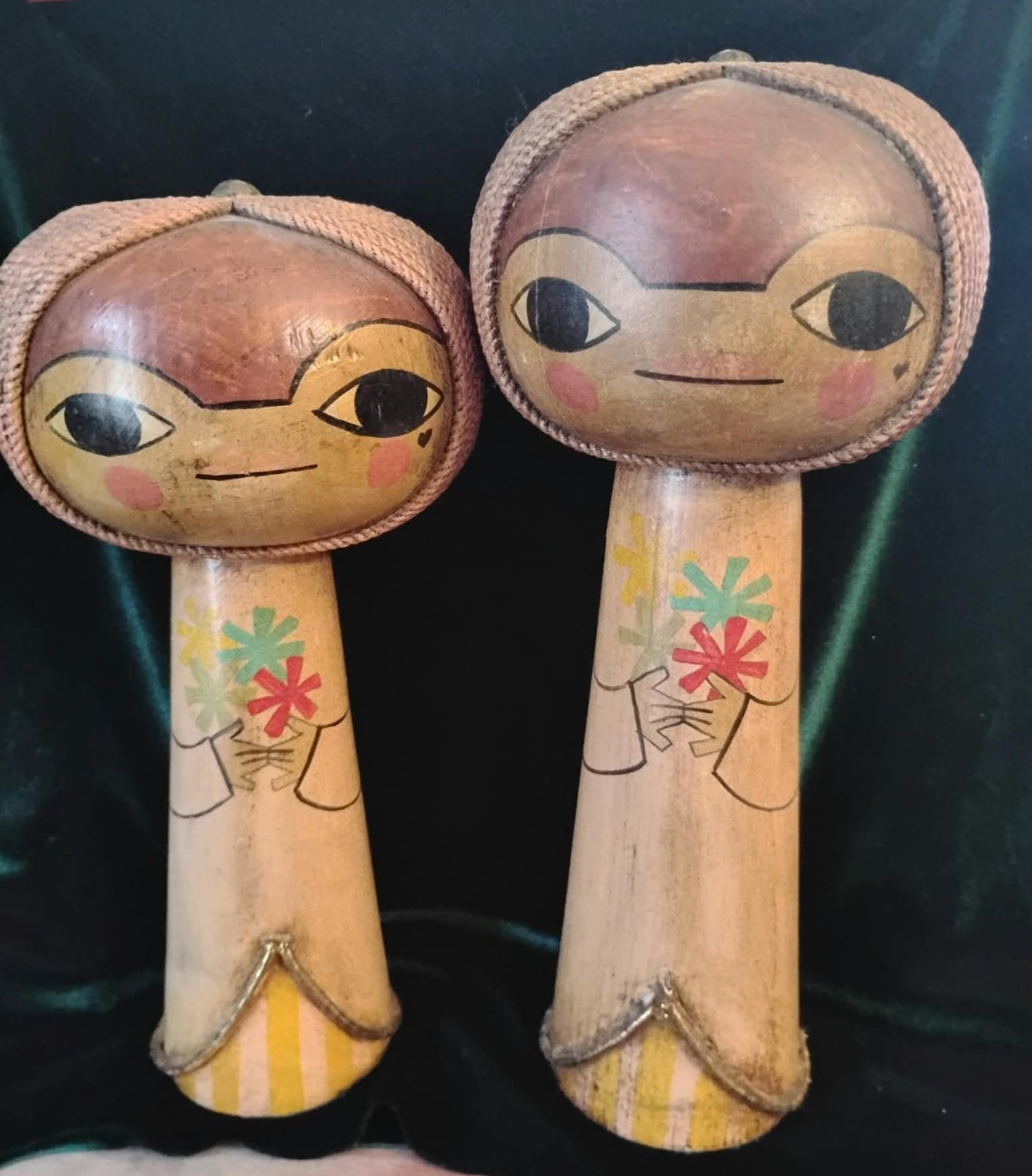 Gustavo Mexico, Wooden Folk Art Dolls, Set of 2, Signed, Painted Floral Figures