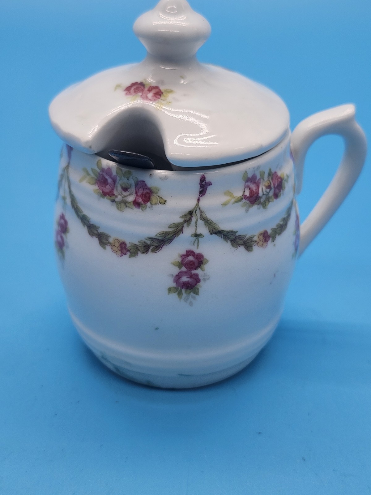 Vintage Crown Staffordshire Bone China Rose Mustard Pot Lid & Silver Spoon