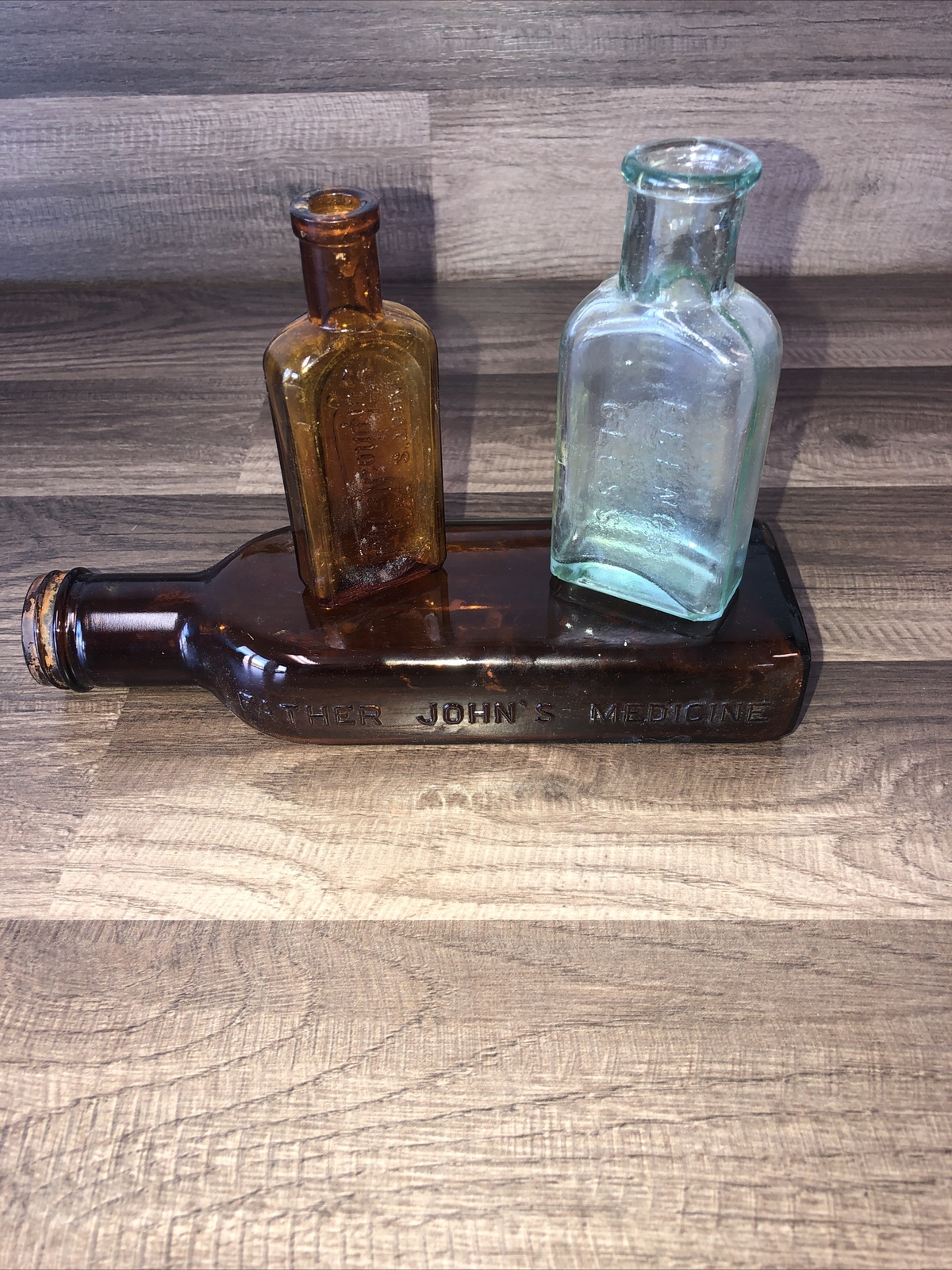 3PC Bottle Set Father John\'s Medicine Bottle Whittemore & Cabot’s Lylpho-Nathol