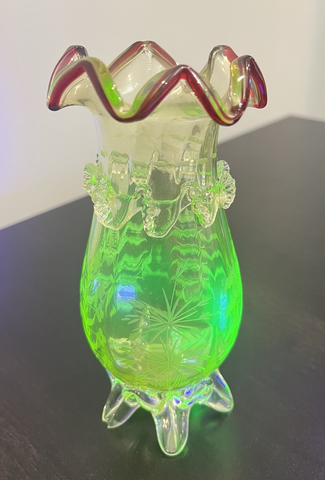 RARE Vaseline Stourbridge English Glass Vase Ruby Red Rim Applied Webb Walsh RARE Vaseline Stourbridge English Glass Vase Ruby Red Rim Applied Webb Walsh
