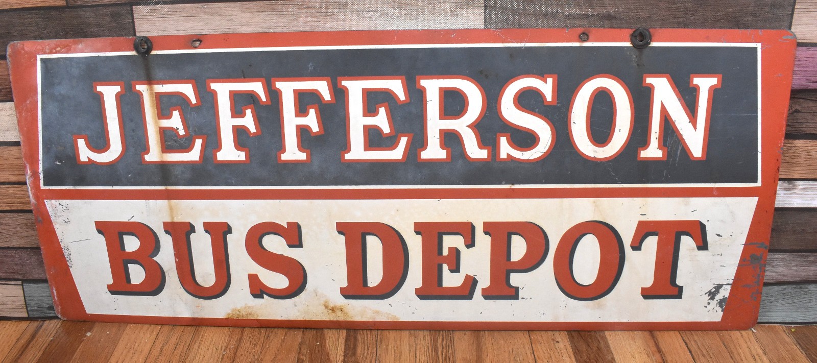 Vintage Jefferson Bus Depot Station 2-sided Original Advertising Sign Vintage Jefferson Bus Depot Station 2-sided Original Advertising Sign