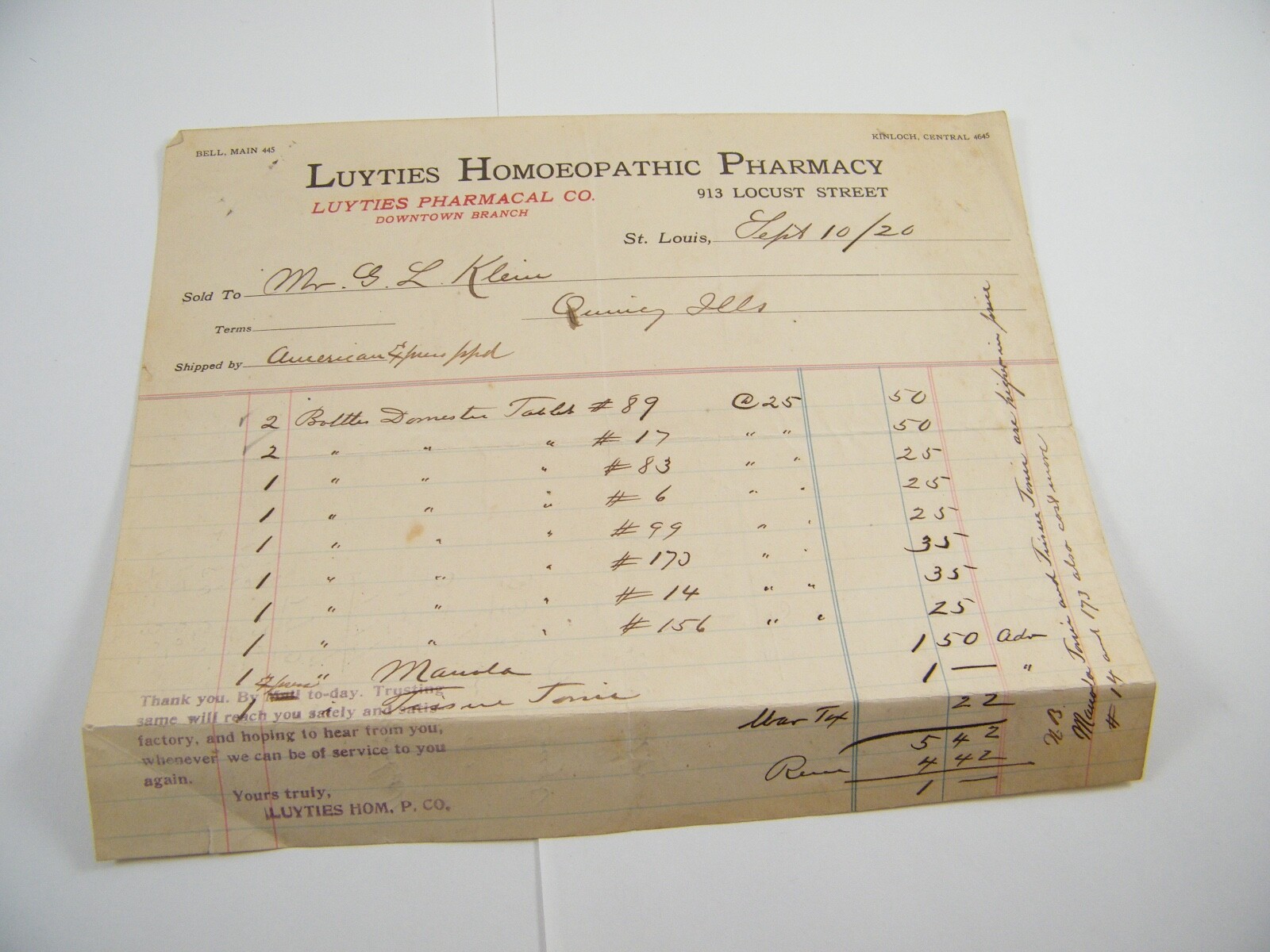 1920 LUYTIES HOMEOPATHIC PHARMACY  INVOICE TO G. L. KLEIN  QUINCY ILLINOIS