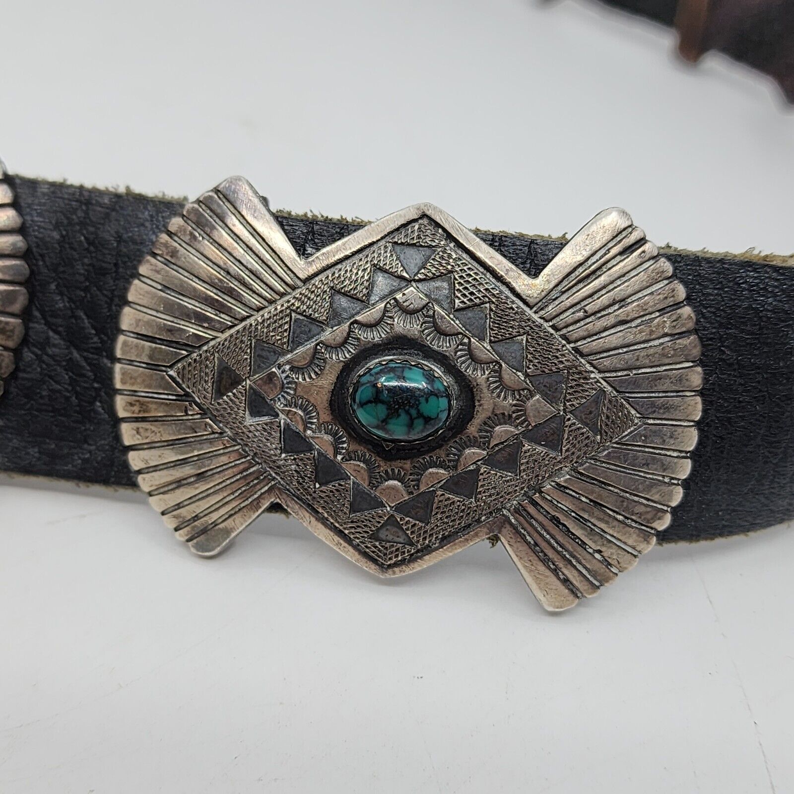 WOW Old Pawn SIGNED Vintage Native American Sterling Tooled Concho Belt