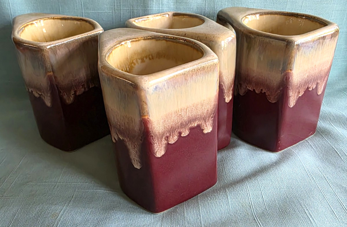 Vtg 4 Mugs Rodolfo Padilla Drip Glaze Stacking  Stoneware Red