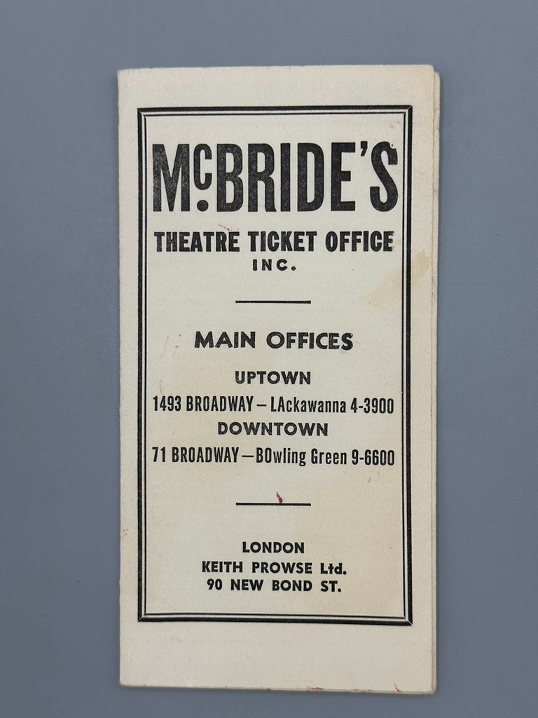 1957 McBRIDE\'s THEATRE TICKETS New York City BROADWAY & More Brochure Vintage