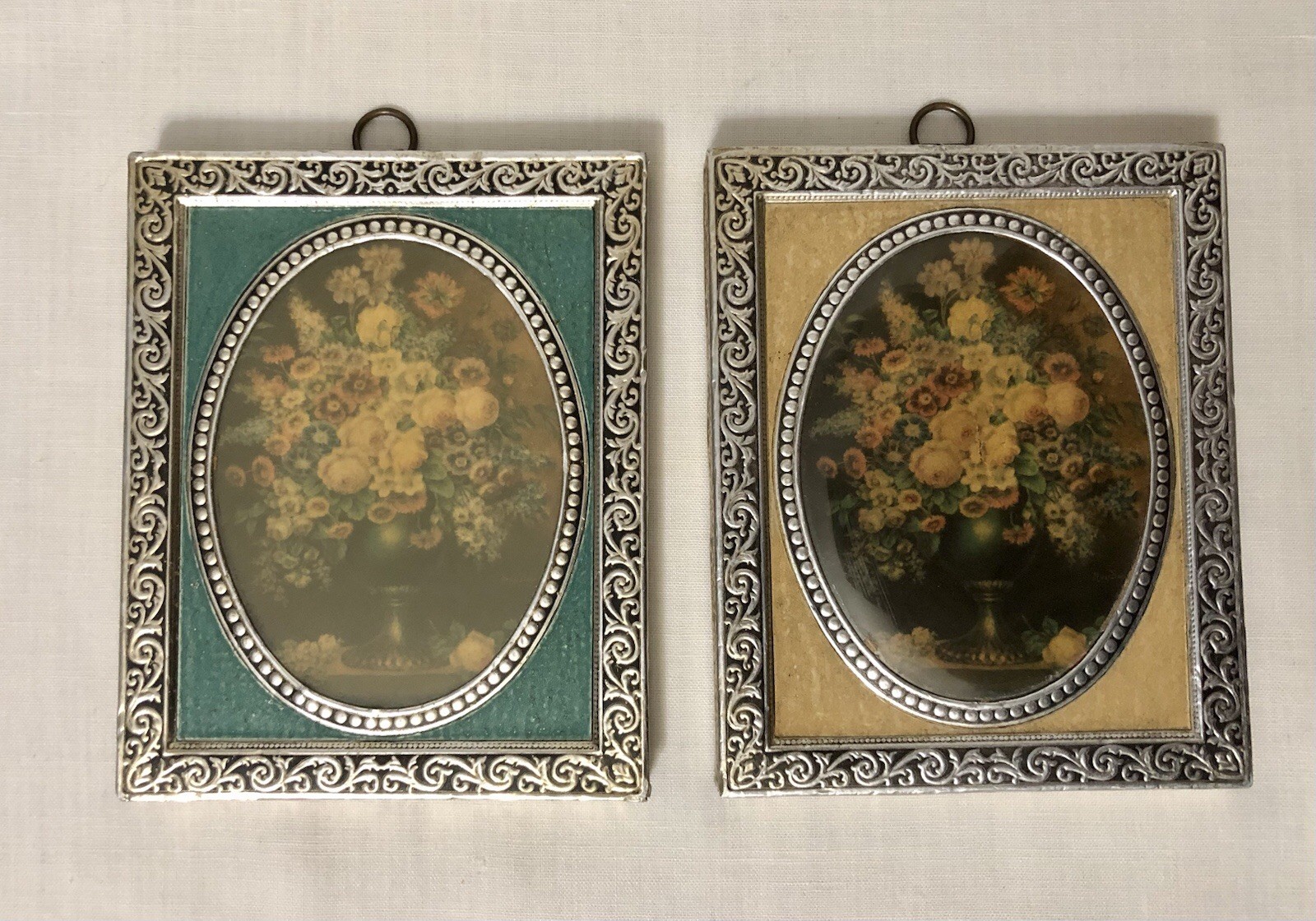 Set of 2 Italian Ornate Metal Rectangular Frame Floral Art Wall Decor