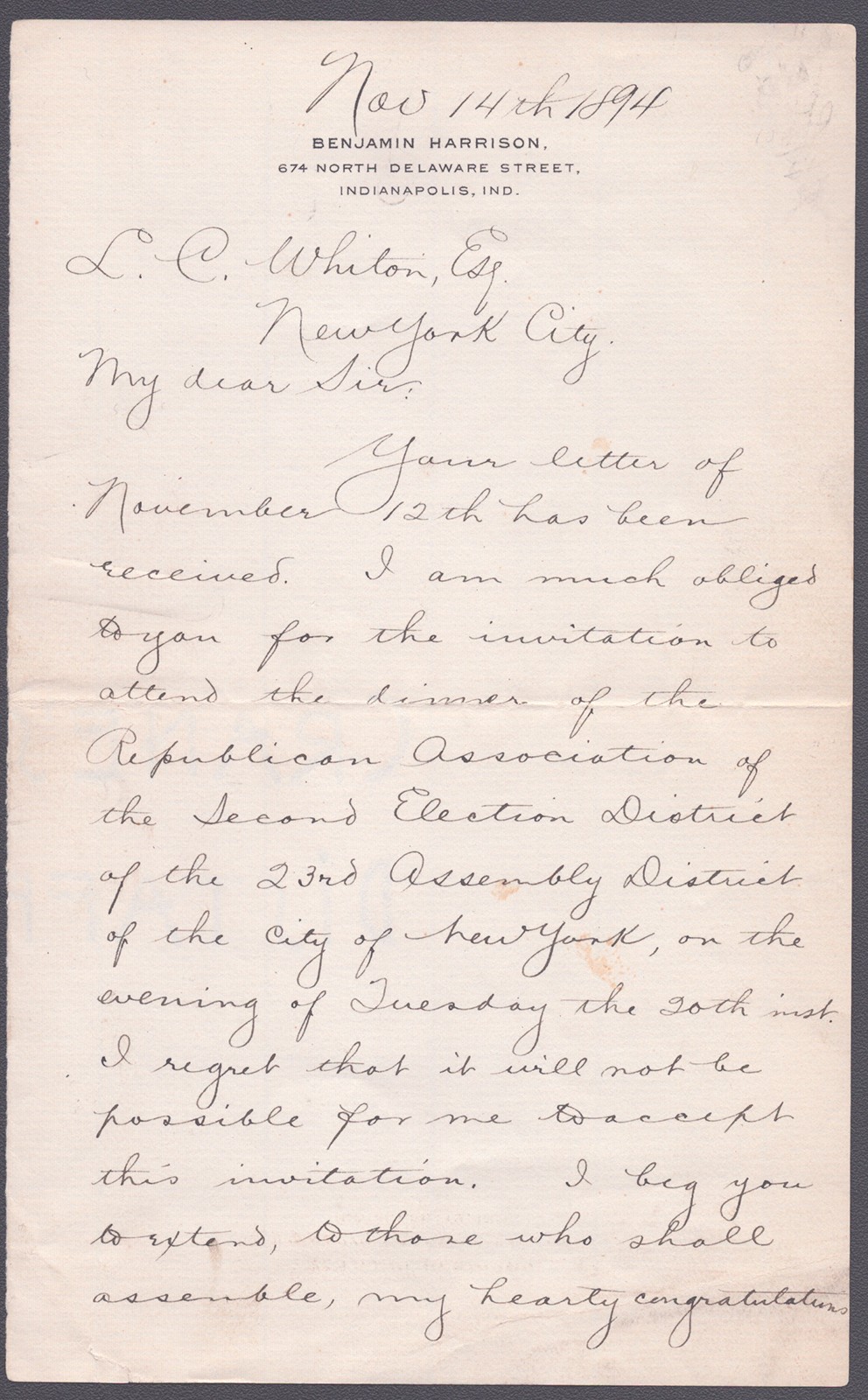 BENJAMIN HARRISON - MANUSCRIPT LETTER SIGNED 11/14/1894