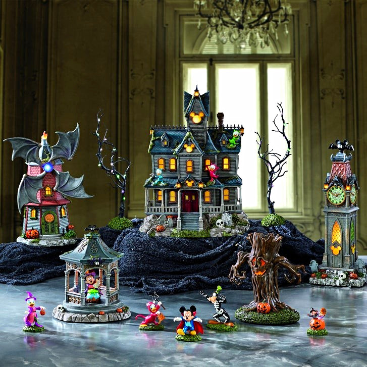 Disney Lighted & Musical Halloween Village 12pc Set Mickey Minnie Goofy