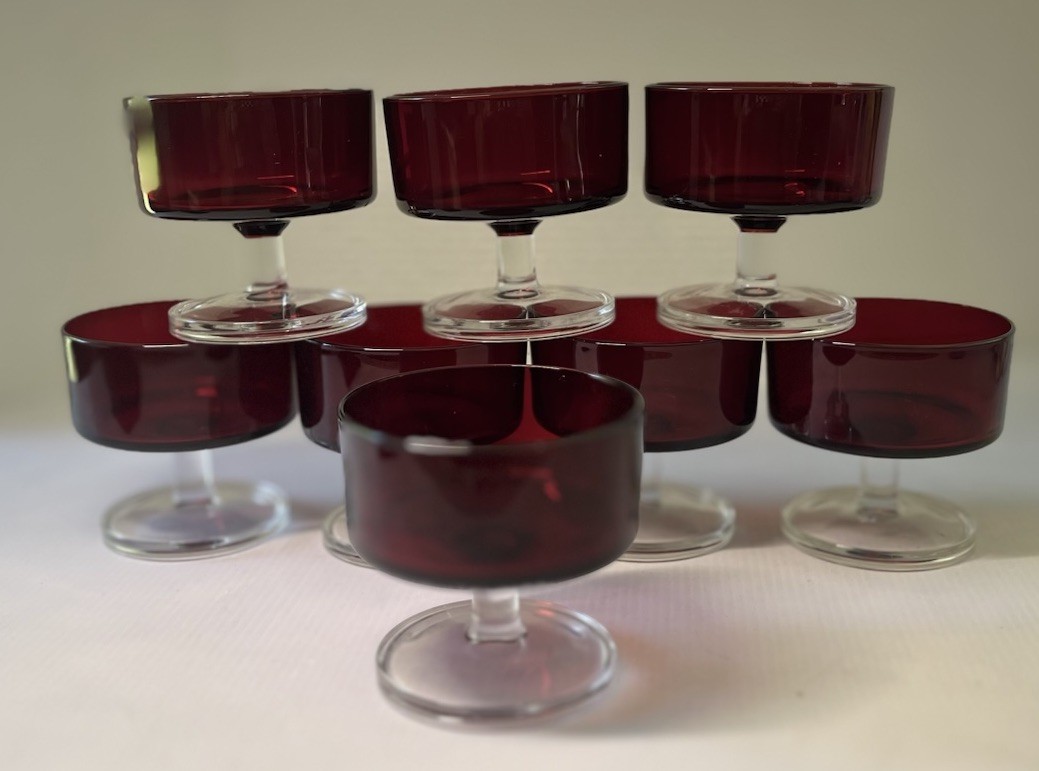 8 Vintage France Luminarc Ruby Red Glasses Sherbet Stem Goblets 8oz READ SALE