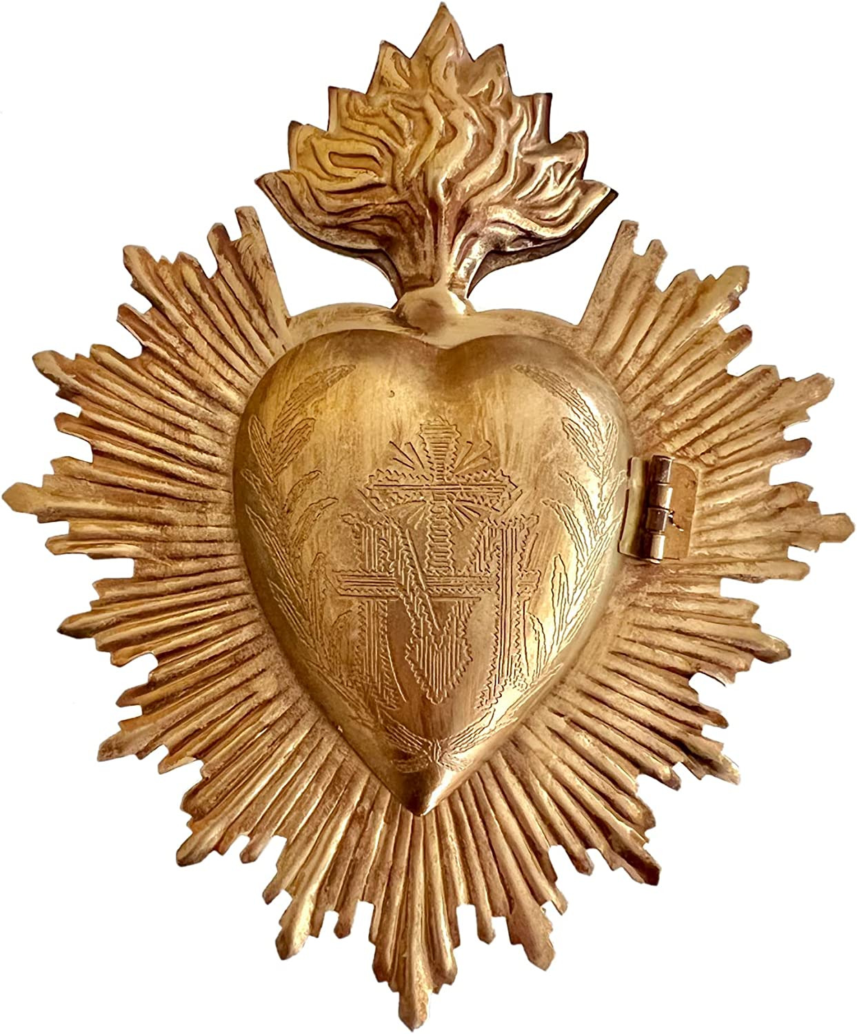 Sacred Heart, Metal Heart Milagro, Heart Box, Prayer Holder (Antique Gold)