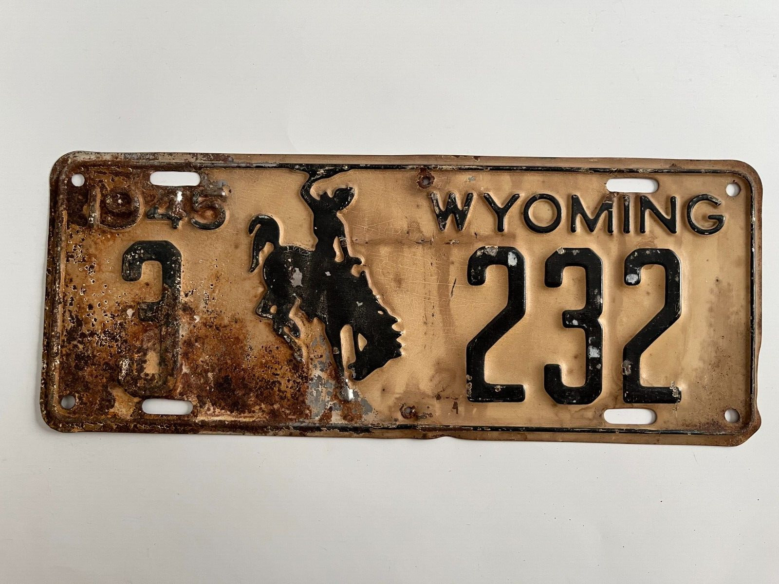 1945 Wyoming License Plate All Original Bucking Bronco County 3