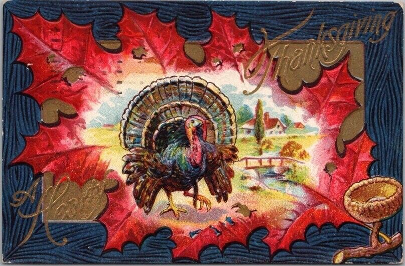 Vintage 1909 THANKSGIVING Embossed Postcard Turkey / Autumn Fall Leaves