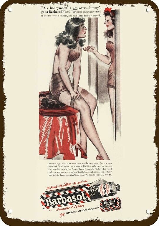 1946 BARBASOL Sexy Brunette Women Pin-Up Vntg-Look DECORATIVE REPLICA METAL SIGN