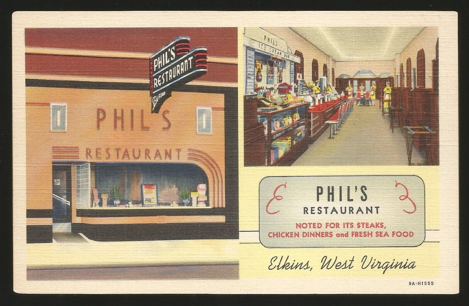 ELKINS, WV - PHIL'S RESTAURANT c1940's Linen ppc. Unused