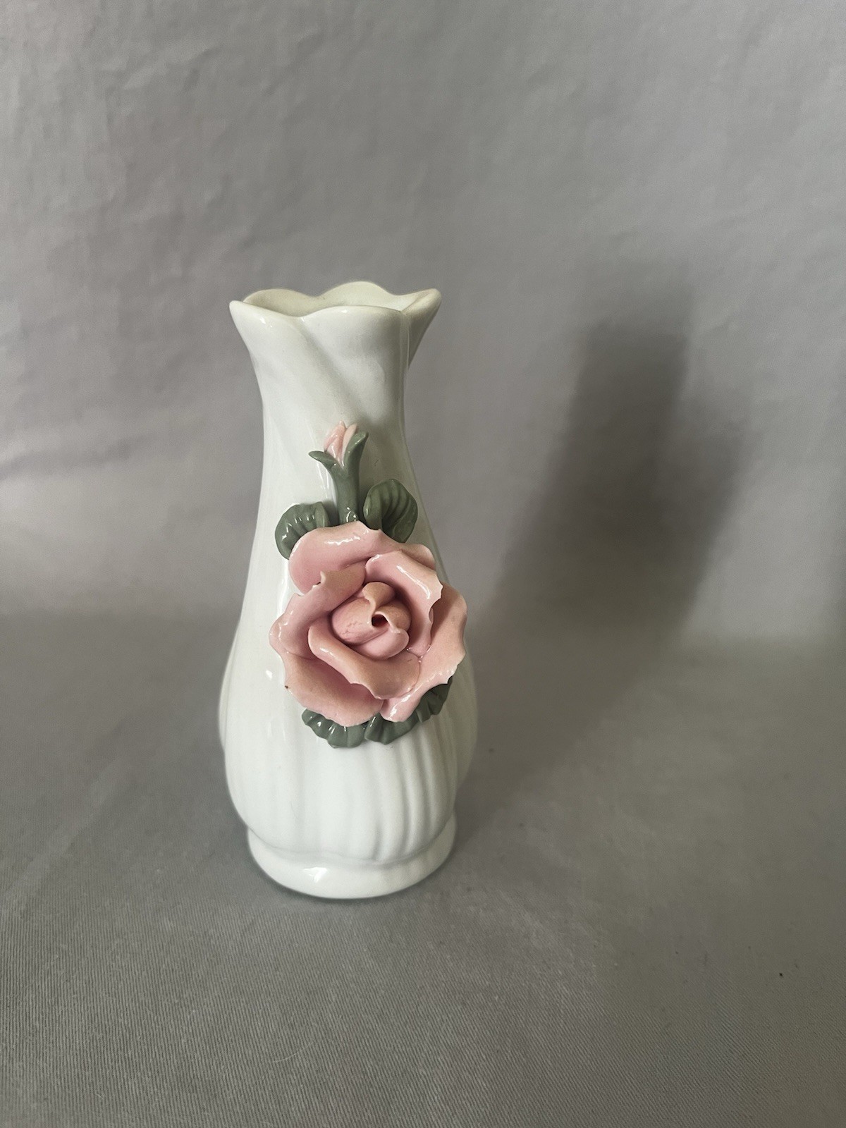 White W/ Pink Rose Vase Unmarked Miniature