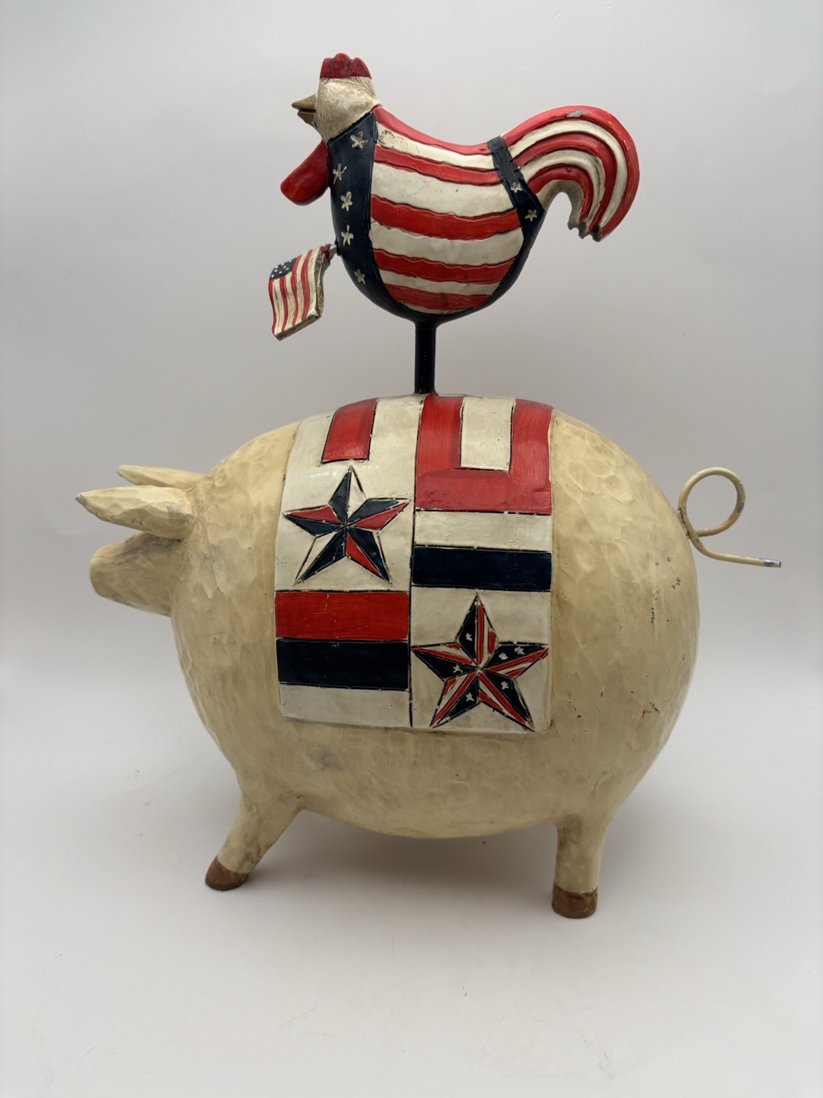 Patriotic Farmhouse Barn Animals Stacked  Pig &  Chicken Resin Carved Statue 12”