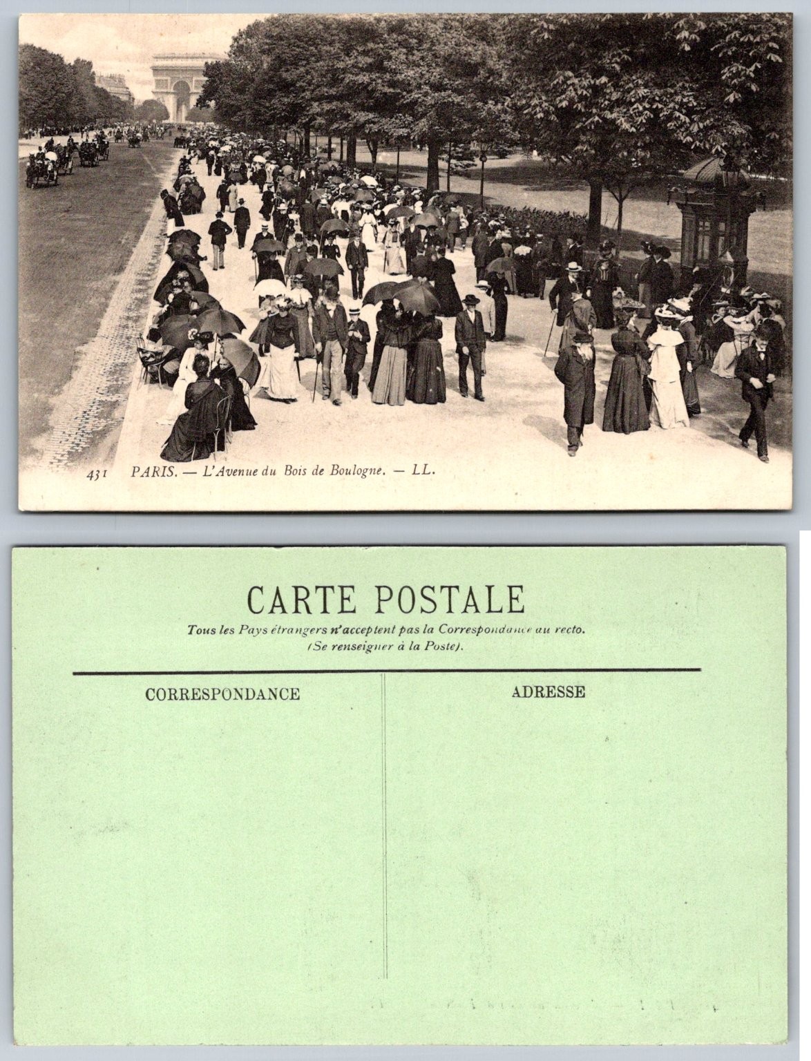 Paris Avenue du Bois de Boulogne Arc de Triomphe LL Postcard Belle Époque