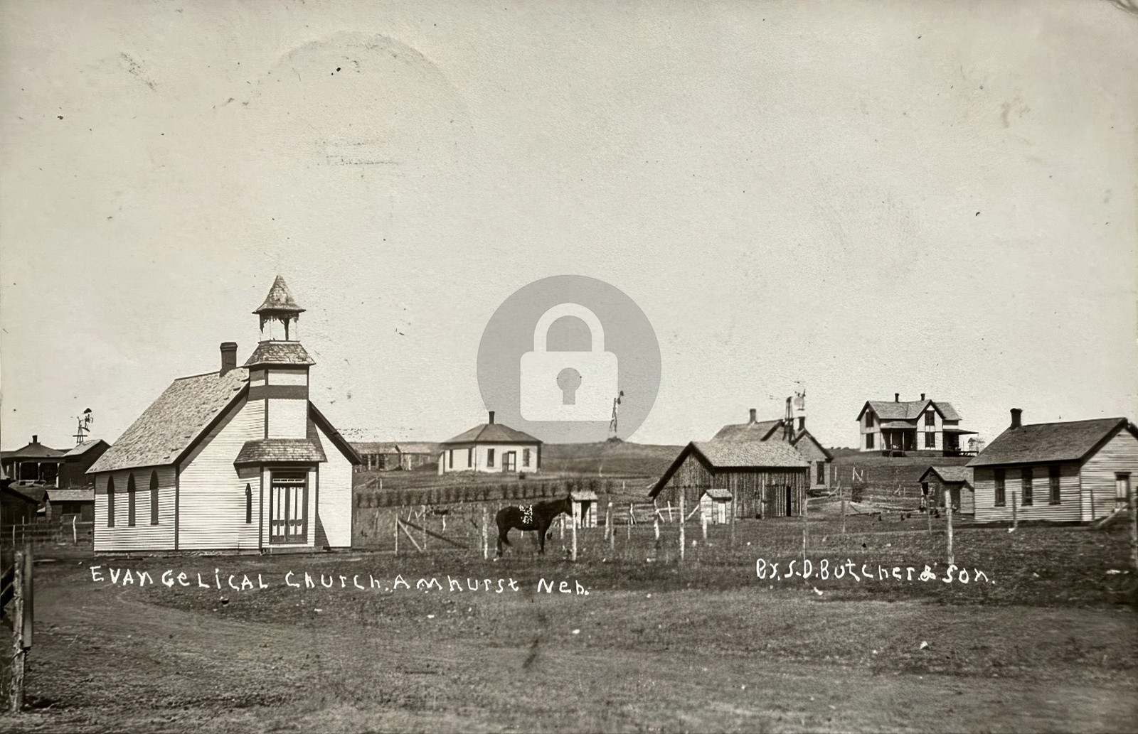 Amherst Nebraska Church & Houses c1907 S.D. Butcher RPPC Photo Postcard COPY