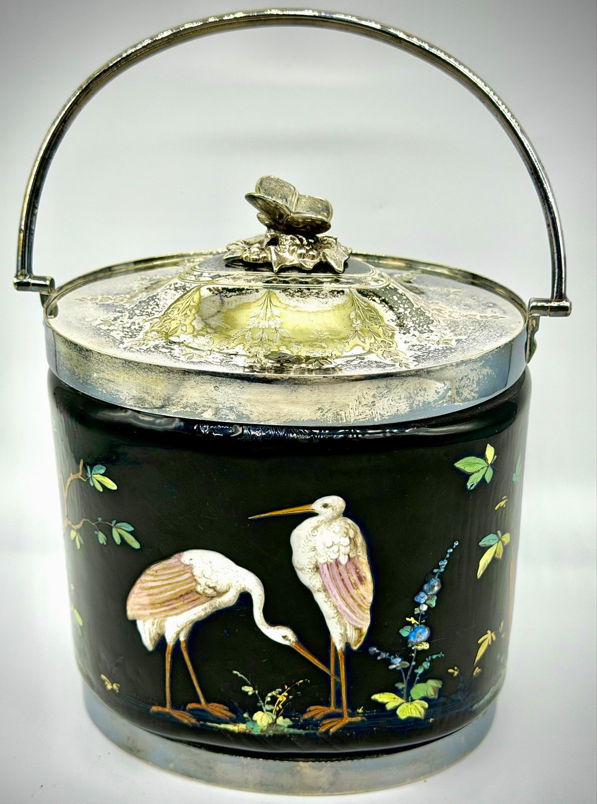 Rare Antique Black glazed Porcelain Crane biscuit jar with Silver Plated Lid