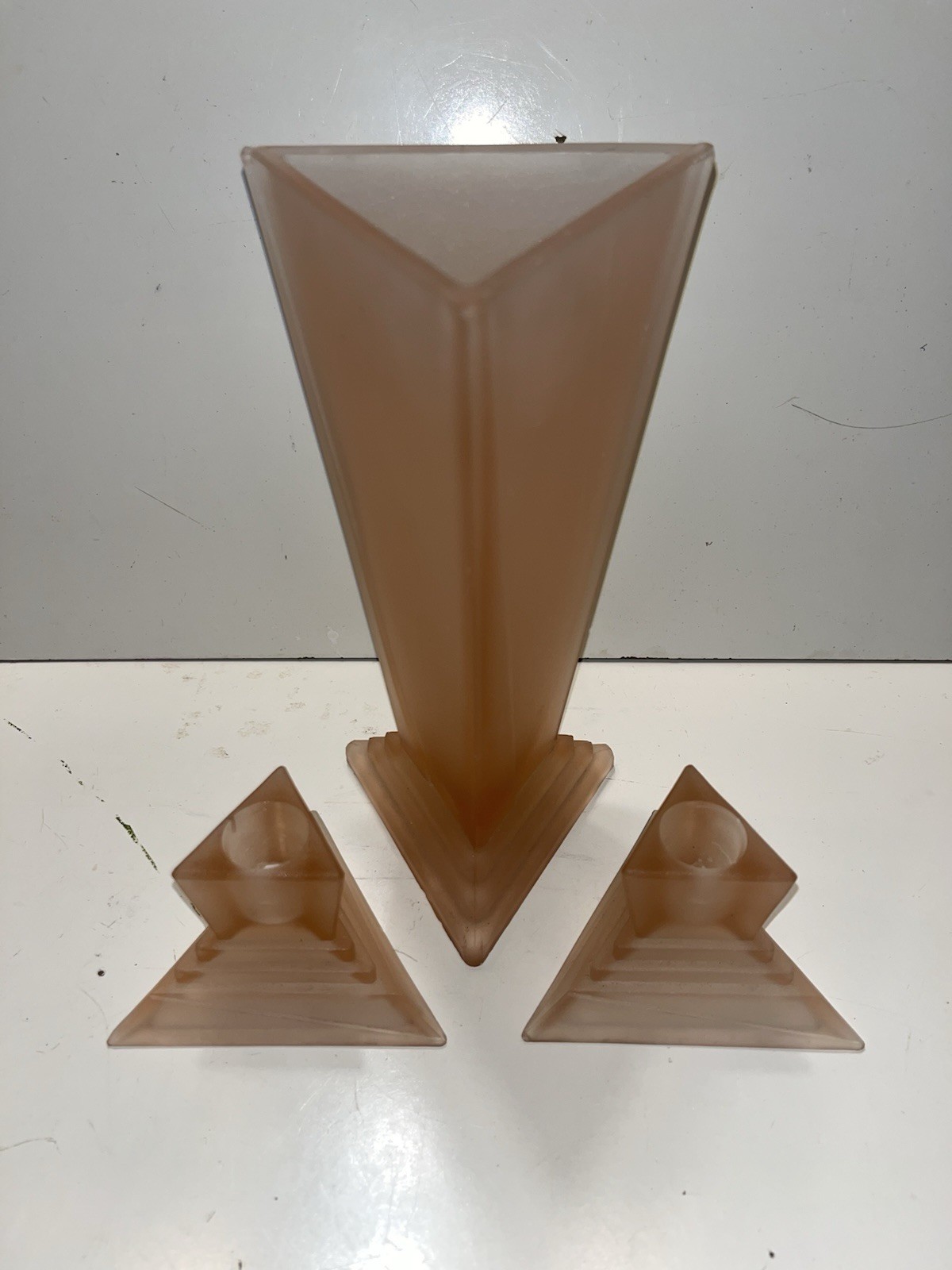 Vintage 1920’s New Martinsville Pink Satin Console Set: Vase And Candlesticks Vintage 1920’s New Martinsville Pink Satin Console Set: Vase And Candlesticks